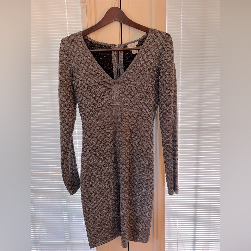 Vintage cache metallic gray silver dress formal classic timeless XS